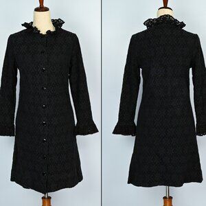 RARE Vintage 60s Black Floral Lace LE VOY'S Long Sleeve Button Up Dress